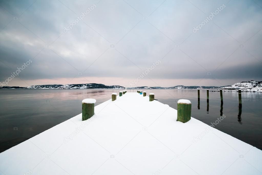 Winter Landscape, Snow on Pier by the Ocean