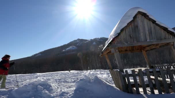 Zwei Frauen beim Skifahren, Berge im Hintergrund, die Sonne im Rahmen — Stockvideo