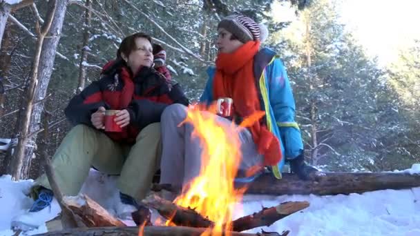 Två kvinnor i The Winter, på en picknick, dricka te och skrattar, sitta vid elden — Stockvideo
