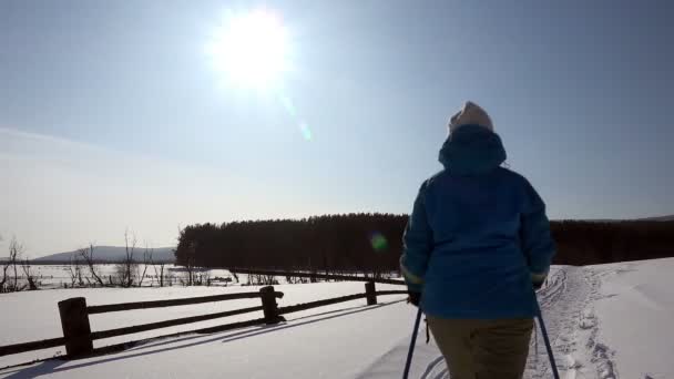 Скандинавская ходьба, Женщины, Зимняя заснеженная дорога — стоковое видео