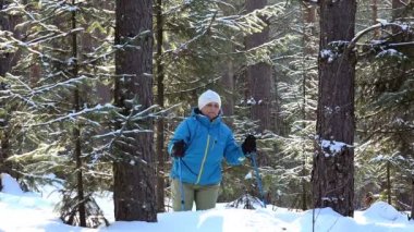 Nordic Walking, kadın atlet, kış iğne yapraklı orman