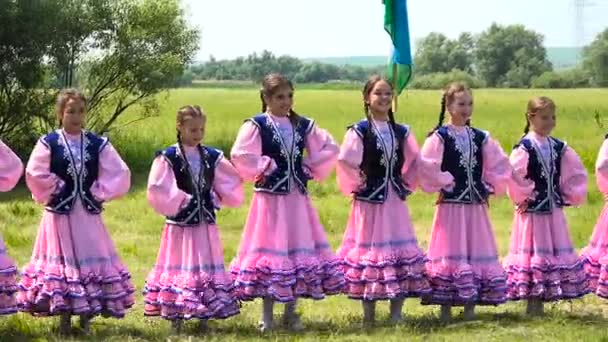 Rustieke vakantie. Meisjes dansen nationale dans — Stockvideo