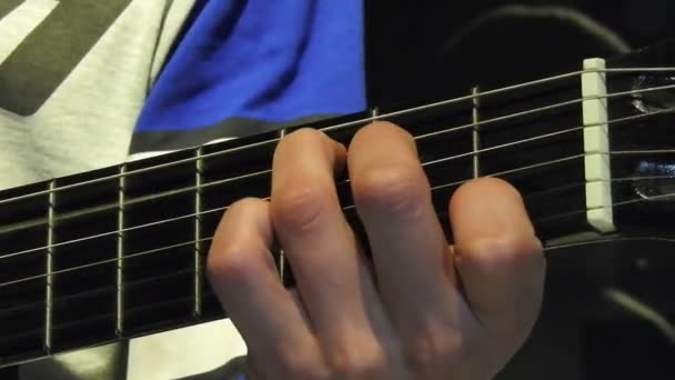 Playing Six-String Acoustic Guitar Big Hands on the Strings and Frets — Stock Video