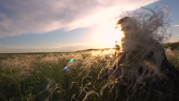 Blonde vrouw praten over een bloeiende Feather gras steppen met een boeket Slow Motion — Stockvideo