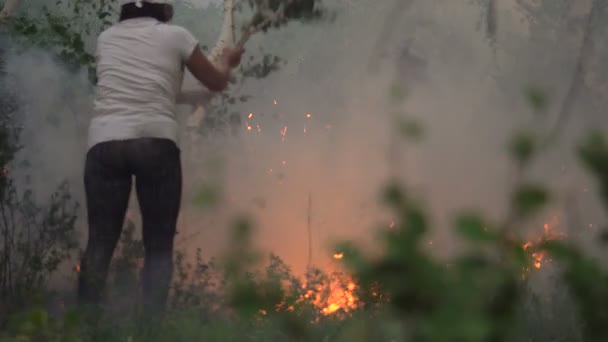 Forest Fire. Extinguishing the Flame.people Extinguish a Fire in the Forest — Stock Video