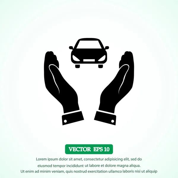 Pictografía del icono del coche en las manos — Vector de stock