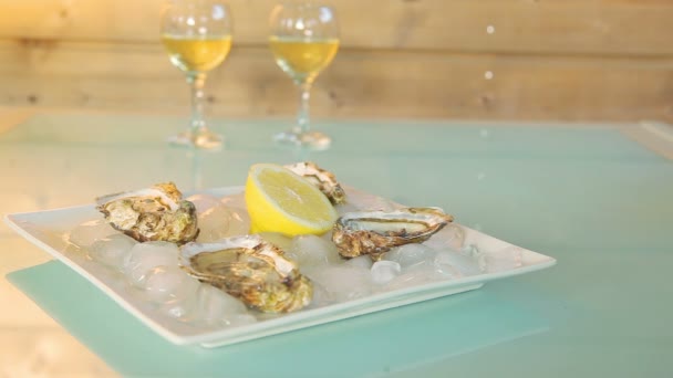 Stoviglie frutti di mare e vino bianco — Video Stock