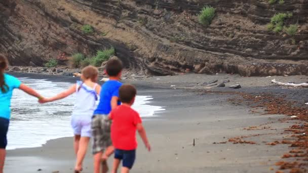 I bambini corrono sulla spiaggia lungo la linea di surf — Video Stock