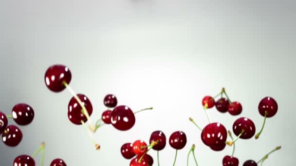 Nice fresh, ripe, juicy red cherry/cherries flies, rotates in the air and falls with slow motion over white — Stock Video