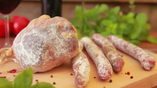 Cured meats and home-made sausages — Stock Video