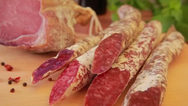 Cured meats and home-made sausages — Stock Video