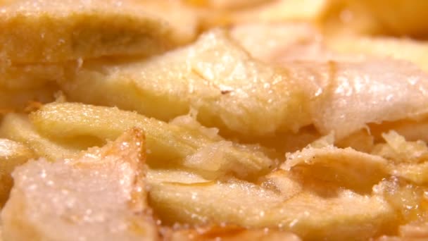 Super-Nahaufnahme von köstlichen hausgemachten französischen Apfelkuchenscheiben — Stockvideo