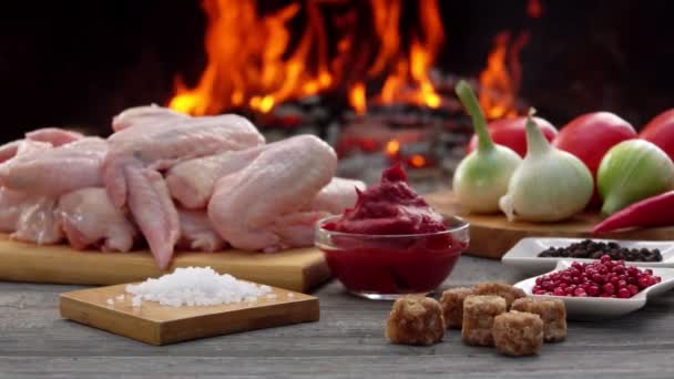 Kuřecí křídla se solí, rajčatovou omáčkou a cibulí na pozadí ohně — Stock video