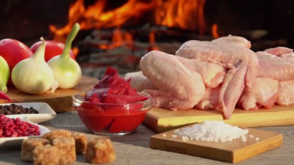 Close-up of chicken wings with tomato sauce on the background of the open fire — Stock Video