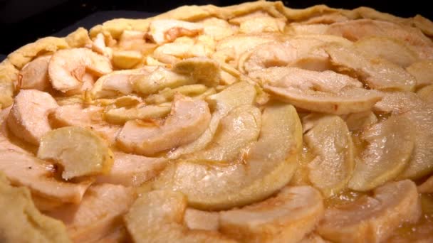 Панорама вкусного домашнего французского яблочного пирога — стоковое видео