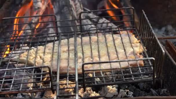 Filet z makreli umieszcza się na ruszcie grillowym — Wideo stockowe