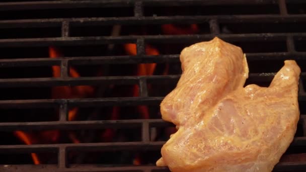 Mutfak maşaları ızgara ızgarasındaki salamura sosuna çiğ tavuk filetosu koyar. — Stok video