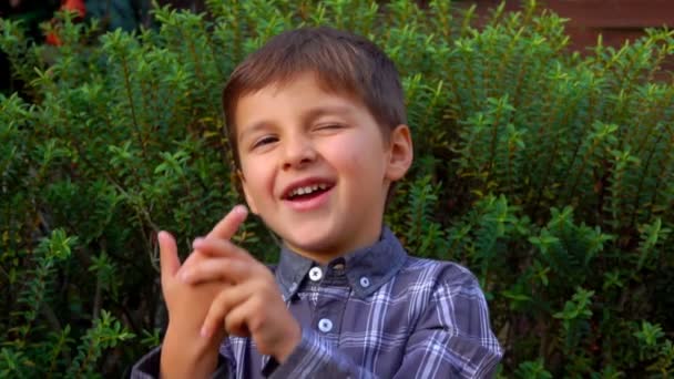 O menino alegre está contando com os dedos no fundo de um arbusto verde — Vídeo de Stock