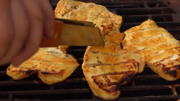 La mano sta controllando il filetto di pollo sulla griglia con pinze da cucina — Video Stock