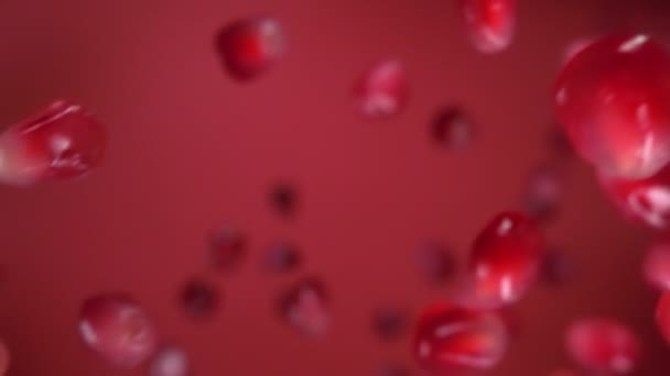 Nahaufnahme saftig roter Körner reifer Granatäpfel, die auf dem roten Hintergrund hüpfen — Stockvideo