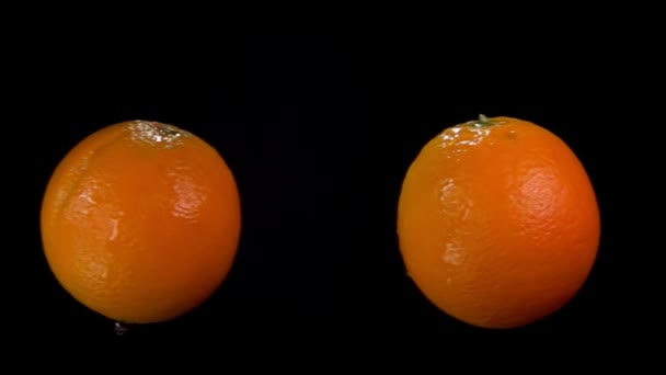 Δύο φρέσκα πορτοκάλια πετούν και συγκρούονται μεταξύ τους με αυξανόμενες σταγόνες νερού. — Αρχείο Βίντεο