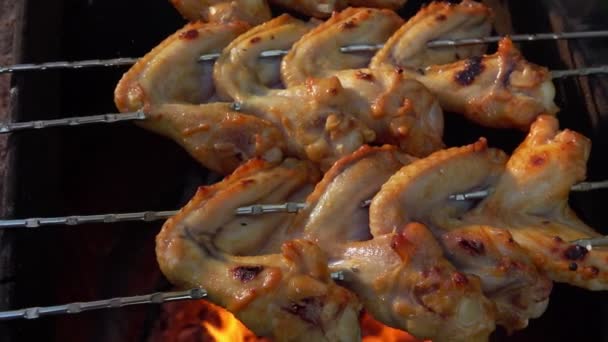 Panorama de délicieuses ailes de poulet marinées sur les brochettes au-dessus du feu ouvert — Video