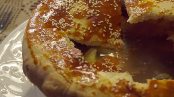 用膨松糕点盖和芝麻籽制作的猎杀鹿肉汤的特写 — 图库视频影像