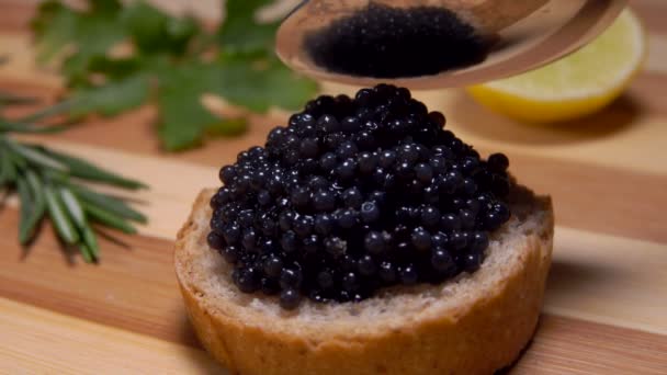 The spoon is pressing black caviar to the piece of white bread — Stock Video
