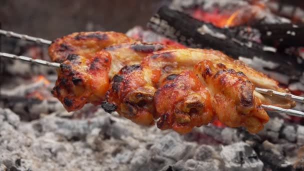 Deliciosas alas de pollo marinadas en los pinchos se asan sobre el fuego — Vídeos de Stock