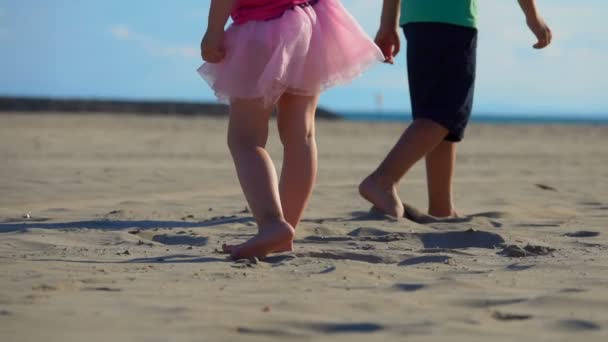 The low-angled shooting of legs of a little boy and girl walking on the beach — Stock Video