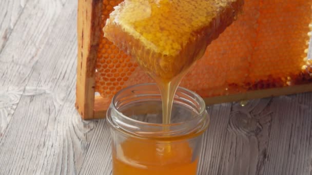 Dulce miel fresca fluye hacia abajo en el frasco de vidrio — Vídeos de Stock