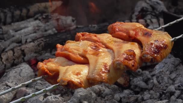 Primer plano de sabrosas alas de pollo en los pinchos se voltean por encima del fuego abierto — Vídeos de Stock