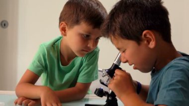 İki bronzlaşmış kardeş mikroskoptan bakıyor.