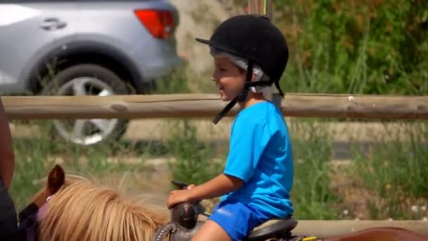 Kleine vrolijke jongen in zwart roer rijdt een pony — Stockvideo