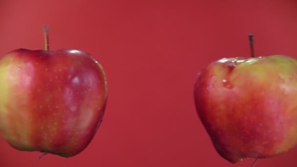 Close-up de maçãs colidindo e salpicando gotas de água em um fundo vermelho — Vídeo de Stock