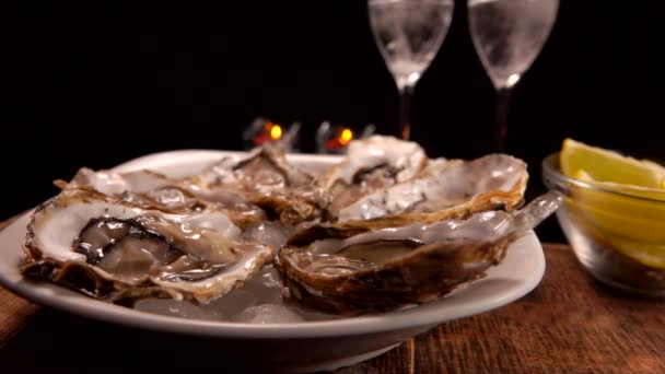 Primer plano del plato lleno de ostras frescas abiertas y deliciosas en el hielo — Vídeos de Stock