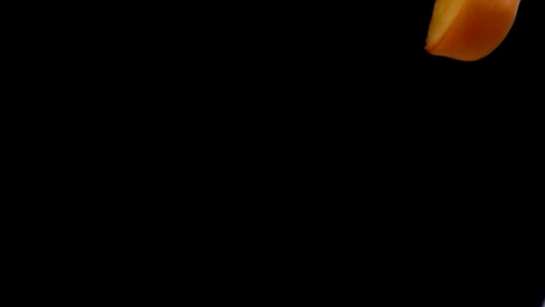 Крупным планом половинки спелых абрикосов падают по диагонали на черном фоне — стоковое видео