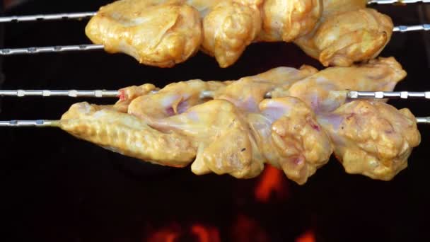 Close-up dos espetos com as asas de frango cruas fritando acima do fogo aberto — Vídeo de Stock