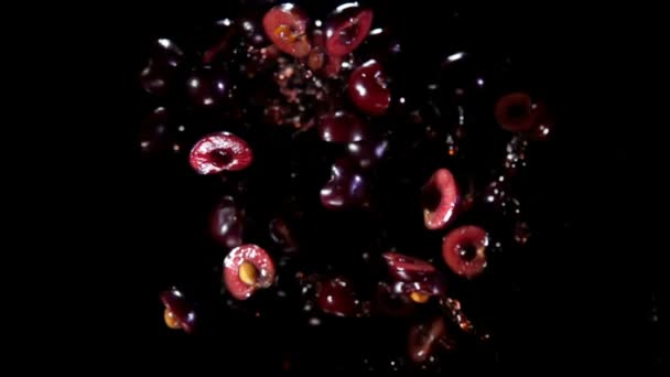 Läckra mörka röda körsbär halvor studsar upp med stänk av juice — Stockvideo
