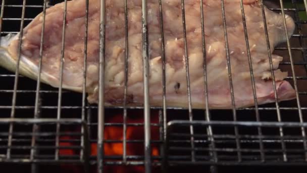 Рибу сиру макрель поміщають на решітку гриля барбекю — стокове відео