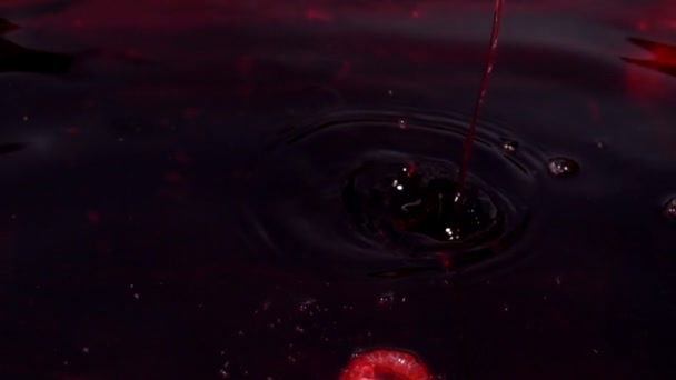 Framboises rouges tombent dans le jus sucré au ralenti — Video