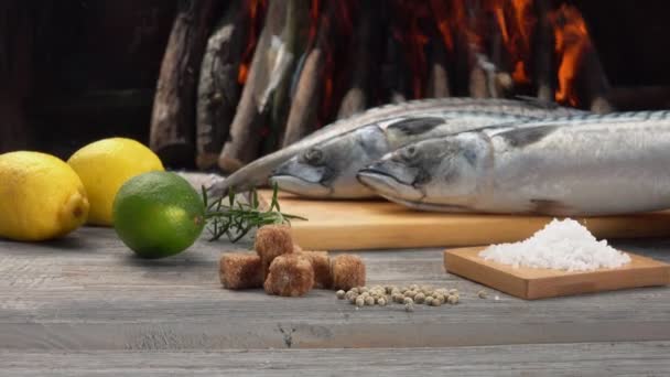 Panorama de los ingredientes para preparar pescado de caballa en la parrilla — Vídeos de Stock