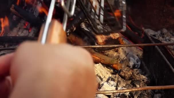Uskumru balığı filetosu alevlerin üzerindeki ızgara ızgarasında ters çevrildi. — Stok video