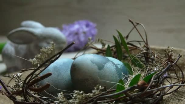 Primer plano del huevo de Pascua teñido de té en el nido sobre el fondo de las flores de primavera — Vídeo de stock