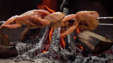 Açık ateşin üzerine yerleştirilmiş çiğ bıldırcın leşlerinin yakın çekimi.