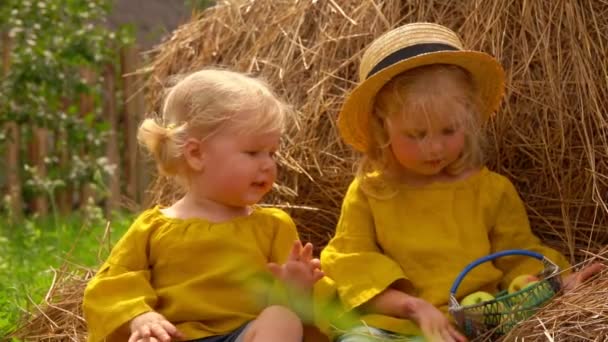 Två små flickor leker och äter gröna äpplen ur korgen — Stockvideo