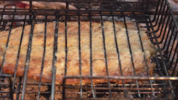 Pyszny filet z makreli smaży się na ruszcie grillowym — Wideo stockowe