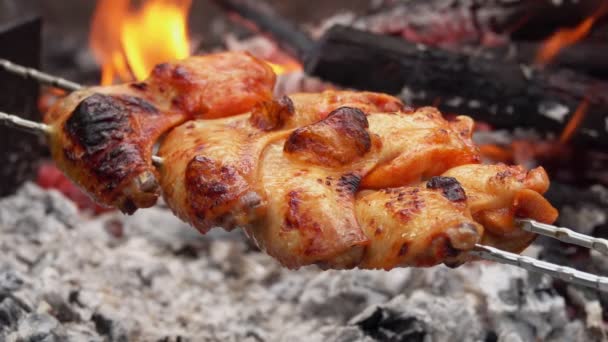 Mouth-watering chicken wings on the skewers are flipped above the open fire — Stock Video