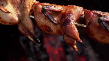 Uzun şişler üzerinde ağız sulandıran kavrulmuş bıldırcın manzarası.
