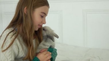 Örgü elbiseli mutlu kız şirin gri bir tavşana sarılıyor. 